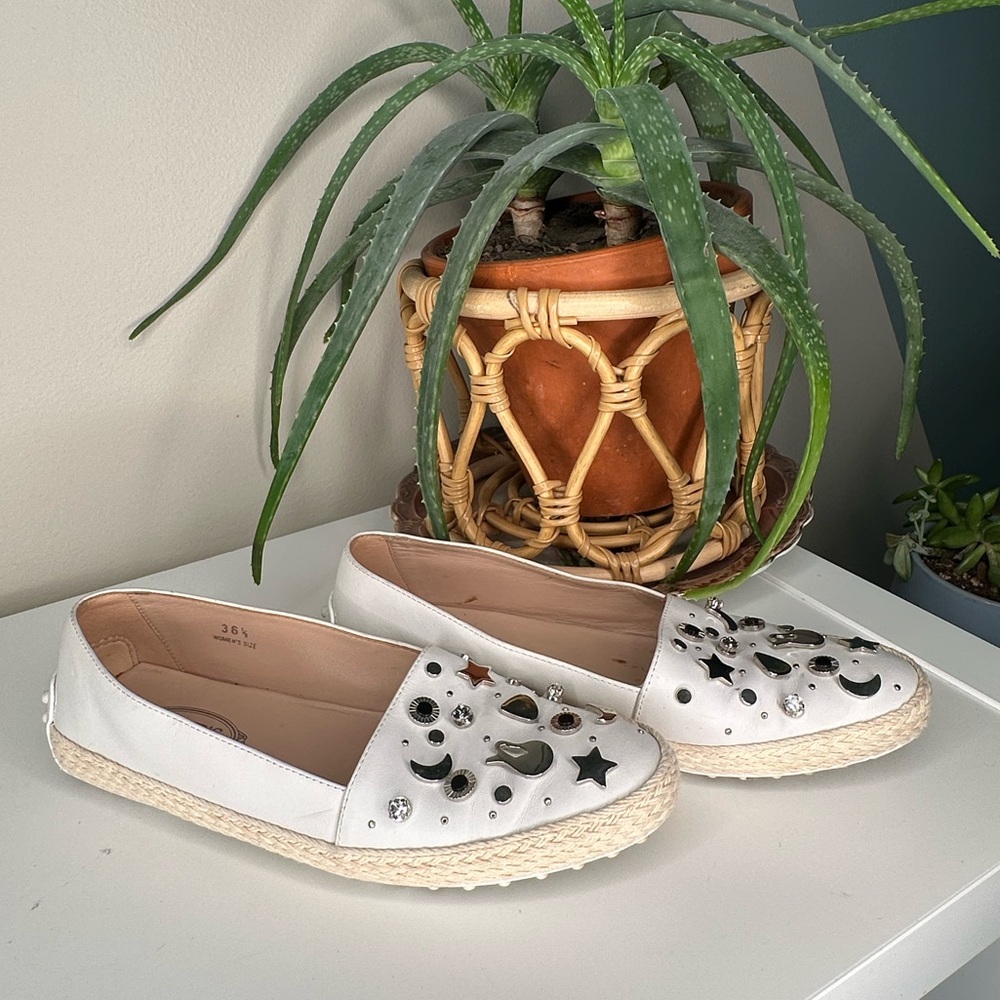 TOD’S White Leather Espadrille Loafers Star Moon Studded Driving Flats 36.5/6.5 - Picture 2 of 12
